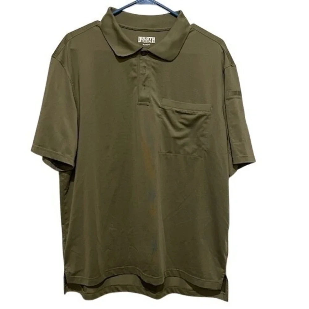 Duluth Trading Co Mens Relaxed Fit Polo Shirt Olive Green Pocket Stretch Large